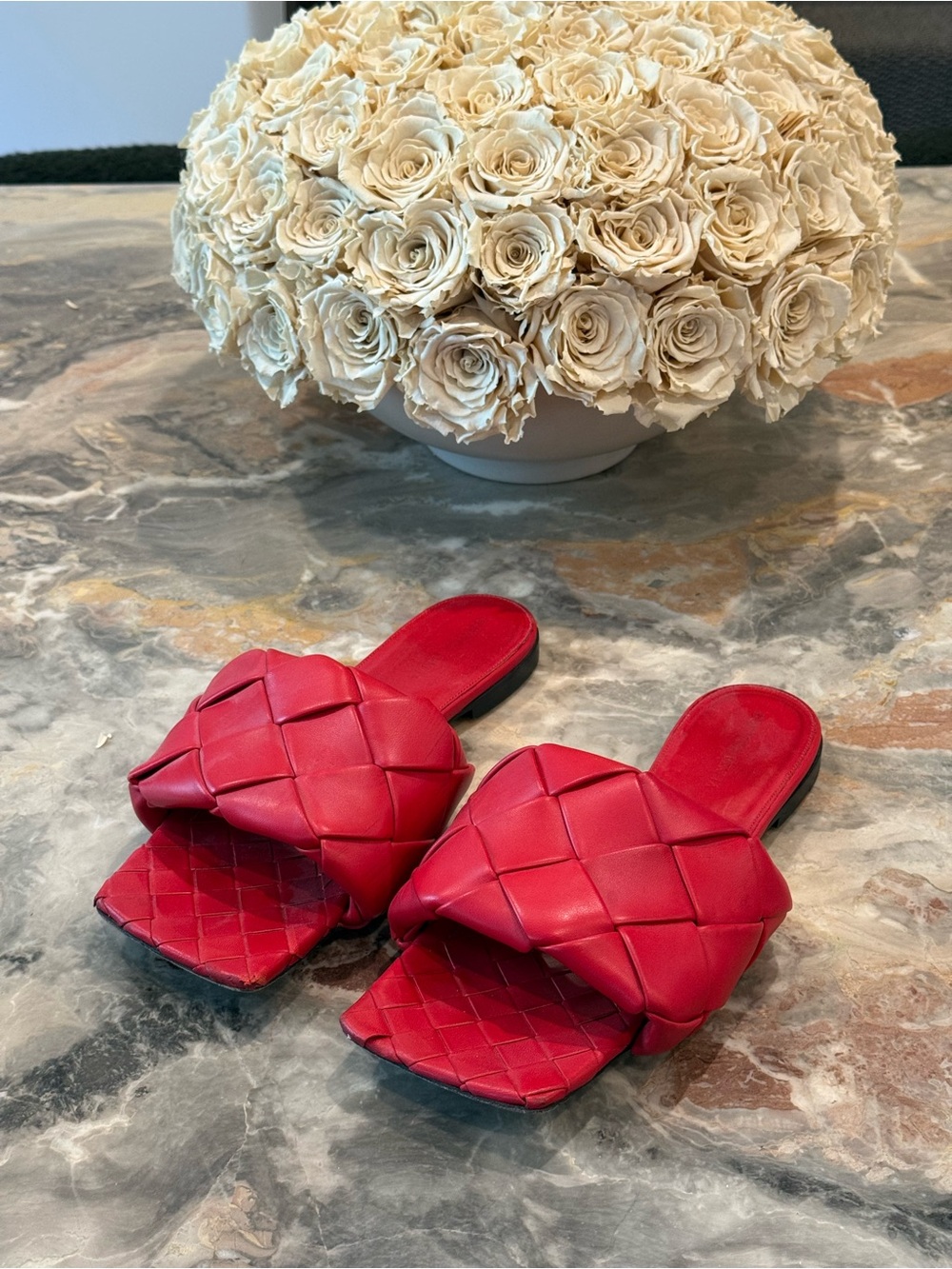 Bottega Veneta Intrecciato BV Lido Flat Slide Sandals Red Leather EU 40